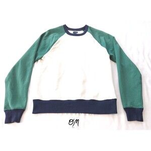 J Crew Raglan Green Navy Crewneck Preppy Classic Nautical Cotton Sweater - S